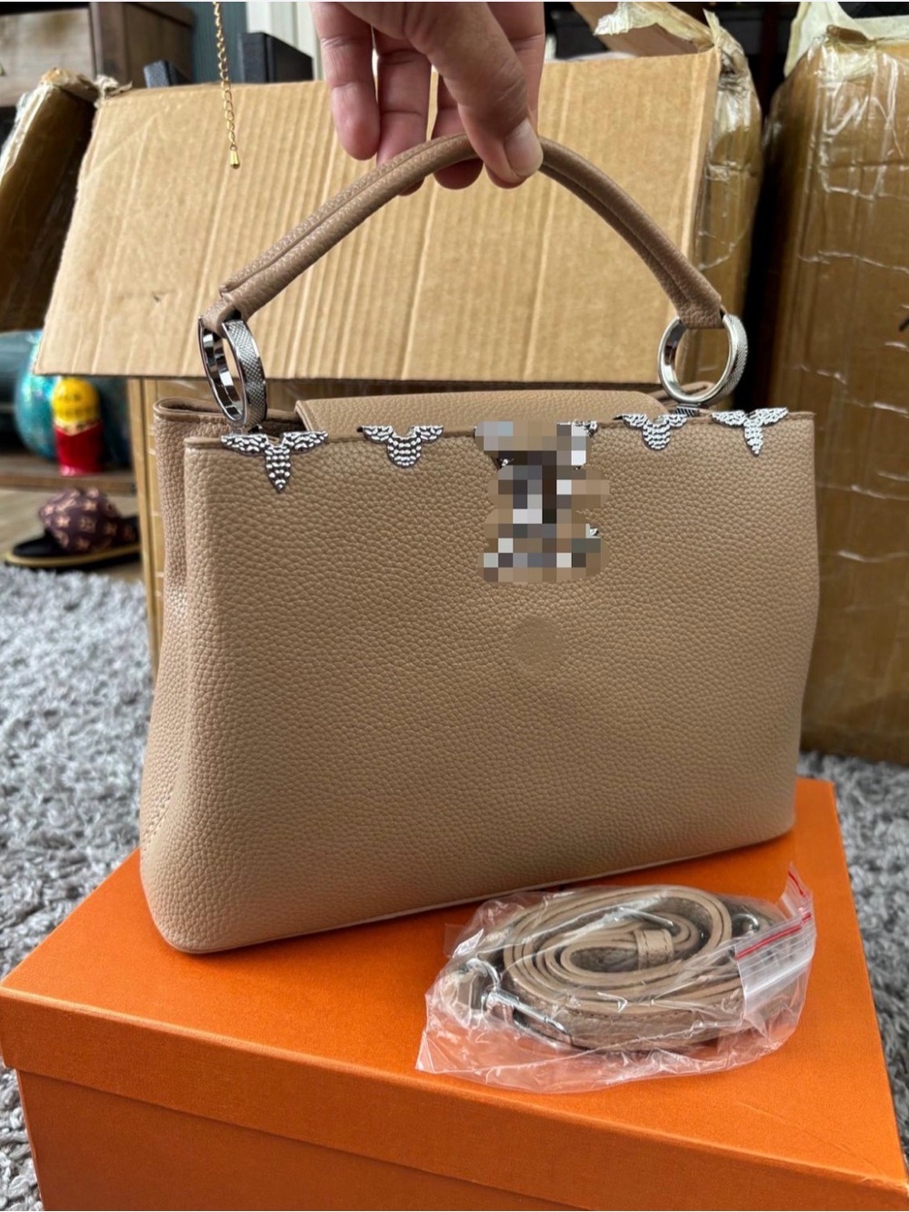 Structured Taupe Satchel Handbag with Silver Hardware